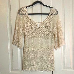 Sheer Ivory Lace & Crochet Short-Sleeve Blouse